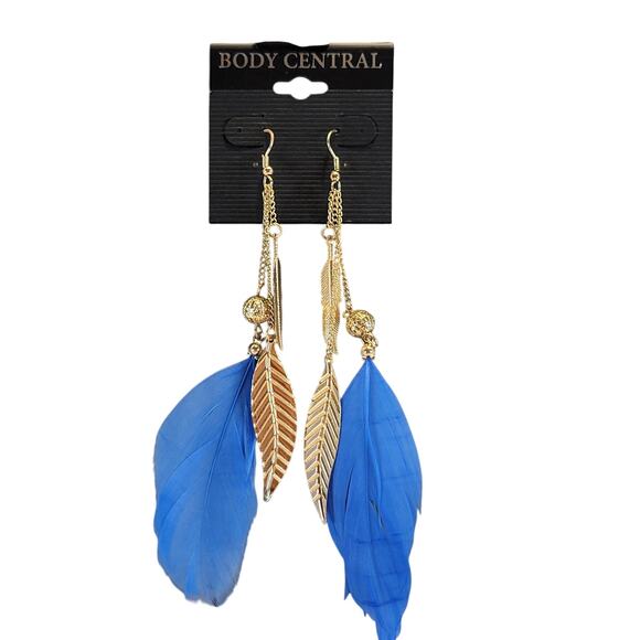Blue Feather Leaf Dangle Earrings Gold Chain 5.75" Long Body Central 5.75" Boho - Picture 2 of 6